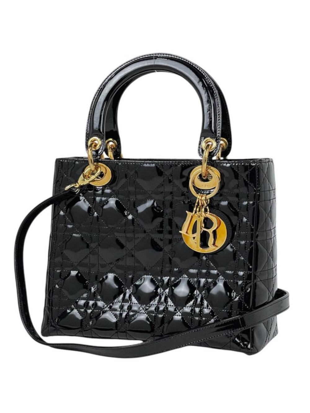 Dior Handbag Lady Cannage 2-Way Patent Leather Black